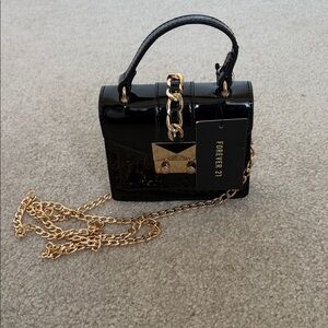 Forever 21 Glossy Black Mini Bag with Gold Chain